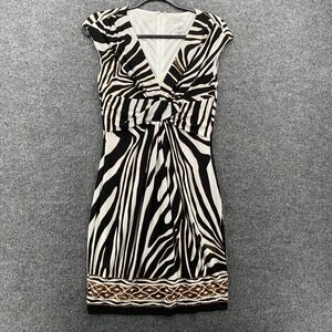 Cache Dress Womens 4 Black Zebra Sheath V-Neck Sleeveless 90s Cocktail Mob Wife